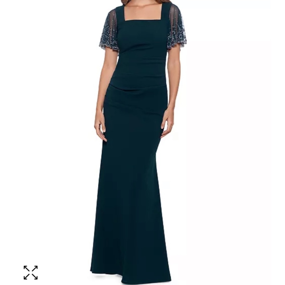 Betsy & Adam green hunter crepe long dress gown beaded sleeves 14